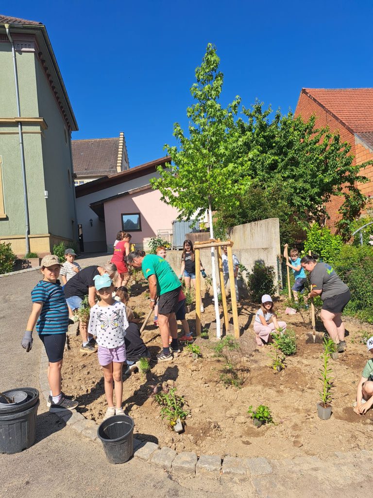 Pflanzaktion der Kinder der Kernzeit-Ferienbetreuung mit dem Gartenbaubetrieb Markus Mohr beim Bauhof 